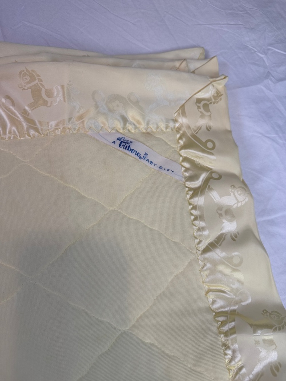Vintage Triboro Baby Blanket Yellow Satin Trim 36x50 Quilted Nursery USA